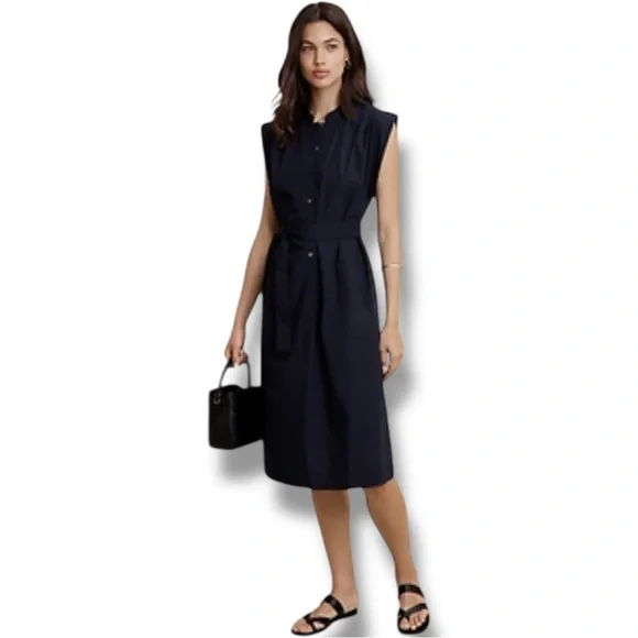 Banana Republic New W/ Tags Dark Blue Button Down Collared Tie Waist Midi Dress - Picture 1 of 16